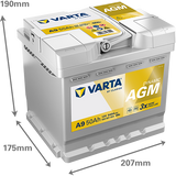 Varta Dynamic AGM Start/Stop A9 / 550 901 054 / 12V 540CCA(EN) 50AH VARTA AGM xEV SLVR DYNAMIC DIN44H SAE 0 207MM X 175MM X 190MM Battery