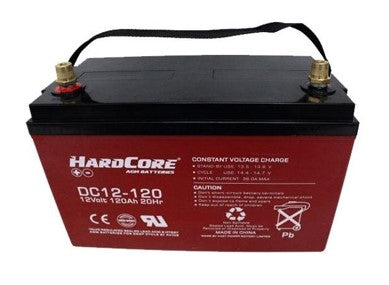 DC12-120 HARDCORE DEEP CYCLE 12 MONTH WARRANTY AGM BATTERY.