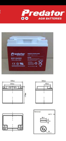 PREDATOR ED12450 DEEP CYCLE AGM 12 MONTH WARRANTY BATTERY .