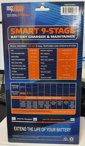 Oz Charge OC2406U 24V 6 Amp 9-Stage Battery Charger & Maintainer 12 Month Warranty.